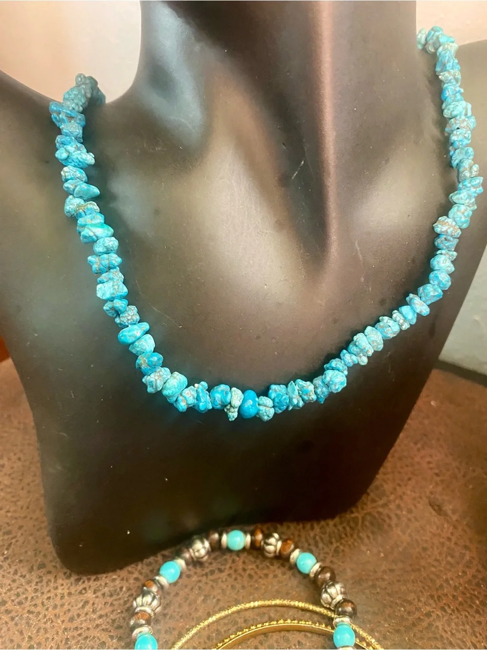 Hand Crafted Turquoise Nugget Chip & Gold Mixed-Bead Necklace Set, Bracelets